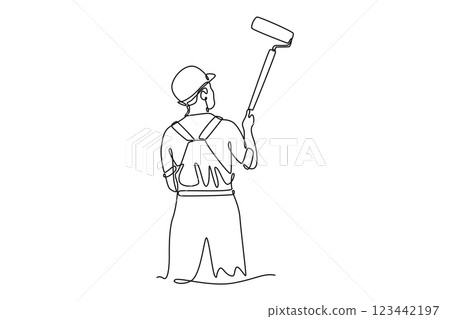 Single continuous line drawing back view handyman in uniform painting house wall with paint roller. Building painted wall renovation services. Dynamic one line draw graphic design vector illustration Single continuous line drawing back view handyman in uniform painting house wall with paint roller. Building painted wall renovation services. Dynamic one line draw graphic design vector illustration 123442197