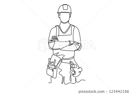 Single continuous line drawing young construction builder wearing uniform, tools belt, helmet while crossing his hands. Craftsman home repair services. One line draw graphic design vector illustration Single continuous line drawing young construction builder wearing uniform, tools belt, helmet while crossing his hands. Craftsman home repair services. One line draw graphic design vector illustration 123442198