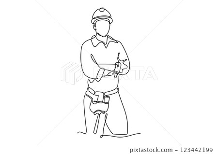 Single continuous line drawing young active handyman posing cross arms on chest before work. Professional work job occupation. Home renovation. Dynamic one line draw graphic design vector illustration Single continuous line drawing young active handyman posing cross arms on chest before work. Professional work job occupation. Home renovation. Dynamic one line draw graphic design vector illustration 123442199