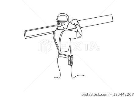 Single one line drawing male construction worker wearing helmet and glove while carrying pile of woods. Carpenter building maintenance services. Continuous line draw design graphic vector illustration 123442207