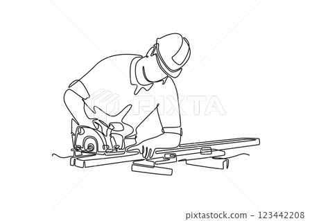 Single one line drawing young woodworker or carpenter wearing helmet cutting wooden board using circular saw. Home renovation services. Modern continuous line draw design graphic vector illustration Single one line drawing young woodworker or carpenter wearing helmet cutting wooden board using circular saw. Home renovation services. Modern continuous line draw design graphic vector illustration 123442208