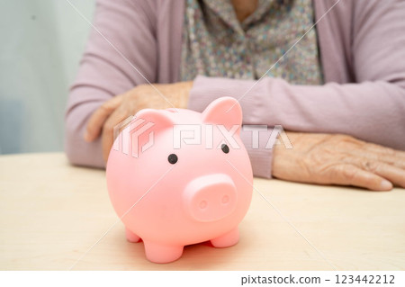 Retired elderly woman counting coins money with piggy bank and worry about monthly expenses and treatment fee payment. Retired elderly woman counting coins money with piggy bank and worry about monthly expenses and treatment fee payment. 123442212