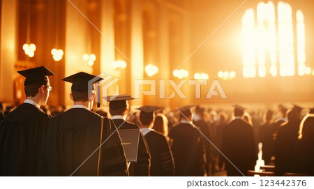 Graduates in caps and gowns celebrate receiving diplomas in an elegant hall 123442376