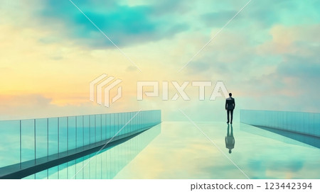 Businessman faces vast abyss, symbolizing fear of change and job insecurity due to technology, FOBO concept 123442394