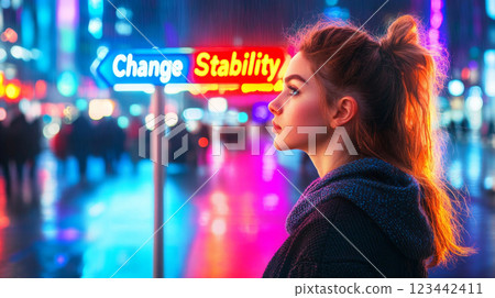 A young woman stands at a crossroads, reflecting on job options under vibrant city lights, FOBO concept 123442411