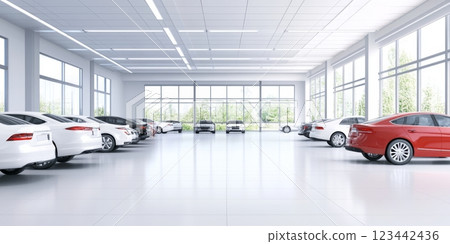 Sleek cars displayed inside a contemporary showroom designed to attract potential buyers during the day 123442436