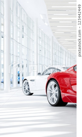 Luxury cars displayed in a contemporary dealership with bright lighting and spacious layout 123442449