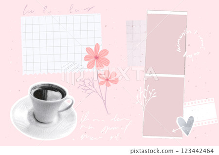Journal paper collage, vintage photo strips frame, post notes, halftone cutout cup of coffee. Pastel pink mood board vector template. 123442464