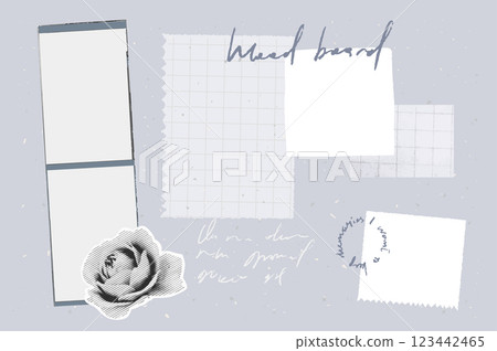 Journal paper collage, vintage photo strips frame, post notes, halftone cutout rose flower. Pastel blue vision board vector template Journal paper collage, vintage photo strips frame, post notes, halftone cutout rose flower. Pastel blue vision board vector template 123442465