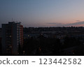 A very nice scenery of a building with the sunset 123442582