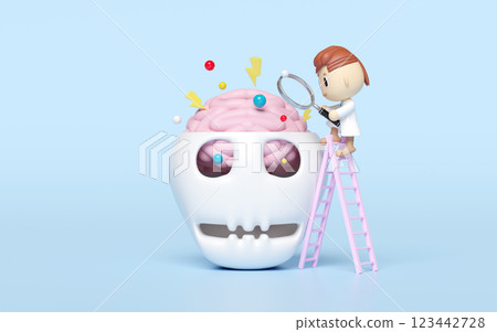 3d doctor holding magnifying glass and climbing stairs with brain open skull isolated on blue background. health check concept, 3d illustration render 123442728