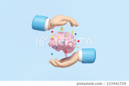 3d doctor hands protecting brain isolated on blue background. health check concept, 3d illustration render 3d doctor hands protecting brain isolated on blue background. health check concept, 3d illustration render 123442729
