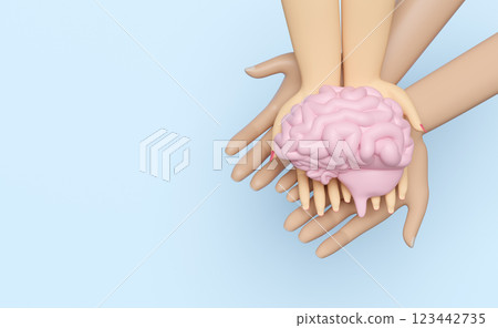 3d cartoon woman and man hands holding brain human realistic isolated on blue background. health check, world brain day concept, 3d illustration render 123442735