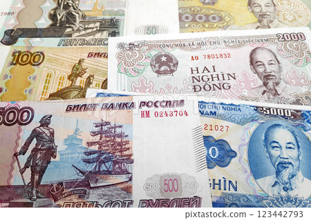 Stack of Russian Ruble and Vietnamese Dong Stack of Russian Ruble and Vietnamese Dong 123442793
