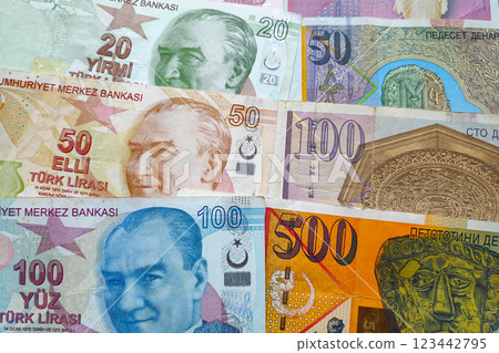 Stack of Turkish Lira and Macedonian denar 123442795