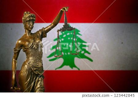 Lady Justice before a flag of Lebanon 123442845