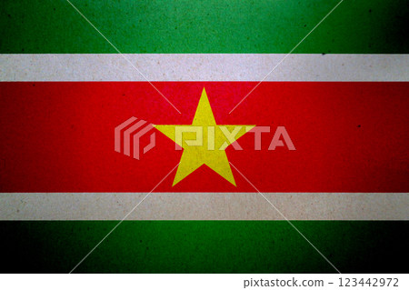 Flag of Suriname printed on a paper Flag of Suriname printed on a paper 123442972