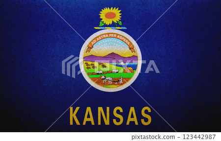 Flag of Kansas printed on a paper Flag of Kansas printed on a paper 123442987