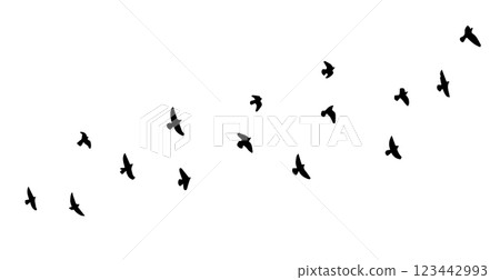 Flying birds silhouette flock. hand drawing. Not AI. Vector illustration Flying birds silhouette flock. hand drawing. Not AI. Vector illustration 123442993