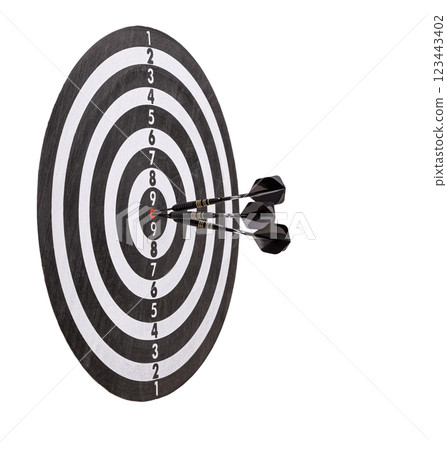 Three darts hit the bullseye of a classic black and white dartboard on white background. Three darts hit the bullseye of a classic black and white dartboard on white background. 123443402