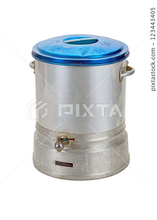 Vintage aluminum cooler for water, blue lid with tap. Vintage aluminum cooler for water, blue lid with tap. 123443405