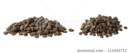 Pile dry dog food isolated on white background. Mineral meat healthy dog or cat food for design. Pet dried granular food. Pile dry dog food isolated on white background. Mineral meat healthy dog or cat food for design. Pet dried granular food. 123443715