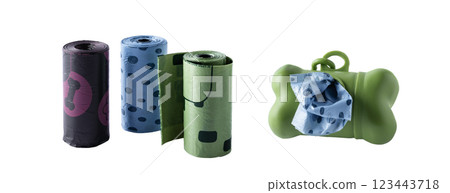 Set of biodegradable dog waste bags and bag dispenser in bone shaped container, isolated on white background. Eco friendly pet waste disposal solution. Dog recycling waste disposable bags for design. 123443718