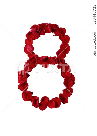 Number 8 inscription made of red rose flower petals isolated on white background. International Women's day holiday. 8 March women's day greeting card. Number 8 inscription made of red rose flower petals isolated on white background. International Women's day holiday. 8 March women's day greeting card. 123443722