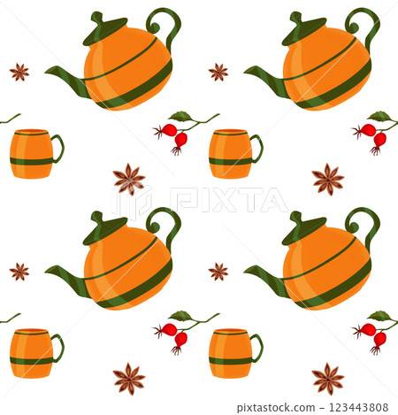 Seamless pattern. Orange teapot and teacup with green stripe. Set of spices for tea drinking from star anise and rosehip sprig with berries and leaves. Digital image on white background Seamless pattern. Orange teapot and teacup with green stripe. Set of spices for tea drinking from star anise and rosehip sprig with berries and leaves. Digital image on white background 123443808