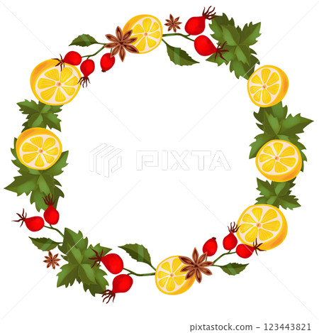 Decorative frame, wreath. Set of spices, herbs and berries for tea drinking. Digital illustration. Clip art on a white background. For postcards, invitations, design of cookbooks and menus 123443821
