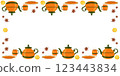 Tea set of teapot, cup, spoon and saucer in orange with green stripes, star anise and half a lemon for tea party. Digital image. Clip art. Illustration on white background 123443834