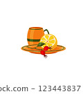 Orange tea cup and tea plate with half a lemon lying on it and a sprig of rose hips with berries and leaves. Clip art. Illustration on a white background. Can be used for printing on kitchen textiles 123443837