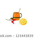 Orange tea cup with a teaspoon inside. Half a lemon and a sprig of rose hips with leaves and berries. Tea party accessories. Clip art. Illustration on a white background. For kitchen decoration 123443839
