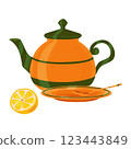Tea party accessories. Orange tea set with green stripes and half a lemon. Clip art. Illustration on a white background. For decorating packaging of tableware and kitchen textiles 123443849