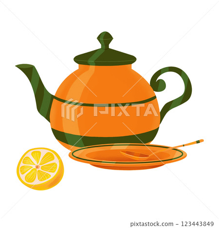 Tea party accessories. Orange tea set with green stripes and half a lemon. Clip art. Illustration on a white background. For decorating packaging of tableware and kitchen textiles 123443849