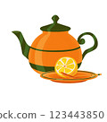 Tea party accessories. Orange tea set with green stripes and half a lemon. Clip art. Illustration on a white background. Can be used in kitchen design and kitchenware packaging 123443850