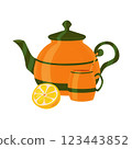 Tea party accessories. Orange tea set with green stripes and half a lemon. Clip art. Illustration on a white background. Can be for printing on paper and fabric 123443852