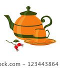 Tea party accessories. Orange teaware with green stripes and a rosehip branch with berries and leaves. Clip art. Illustration on a white background. Suitable for printing on fabric and paper 123443864
