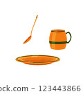 Set of orange ceramic teaware with green stripe, consisting of tea cup, saucer and spoon. Tea party accessories. Clip art. Isolated illustrations on white background 123443866