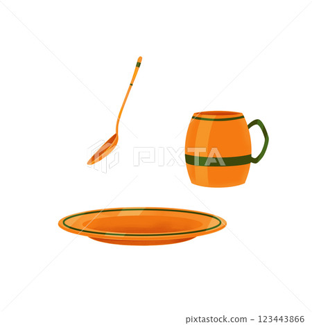 Set of orange ceramic teaware with green stripe, consisting of tea cup, saucer and spoon. Tea party accessories. Clip art. Isolated illustrations on white background 123443866