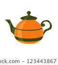 Ceramic teapot orange with green stripe. Digital illustration. Clip art. Isolated image on white background. For printing on fabric and paper, design of tea packaging and teaware 123443867