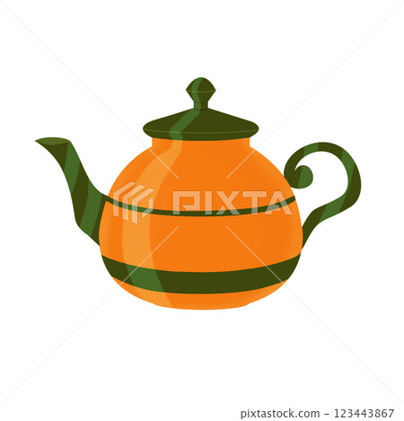 Ceramic teapot orange with green stripe. Digital illustration. Clip art. Isolated image on white background. For printing on fabric and paper, design of tea packaging and teaware 123443867