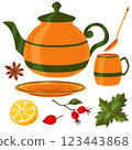 Orange teaware with green stripe from pot, cup, spoon and saucer. Set of spices for tea drinking from lemon, rose hips, star anise and mint. Isolated illustrations on white background. Clip art 123443868