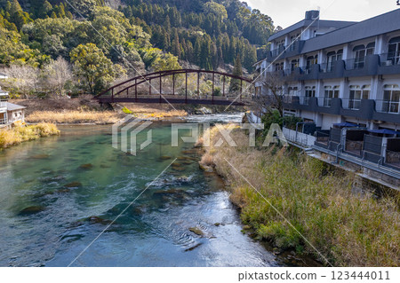 Scenery along the river in Myoken Onsen town, Kirishima city, Kagoshima prefecture. Scenery of the Japanese countryside. 123444011
