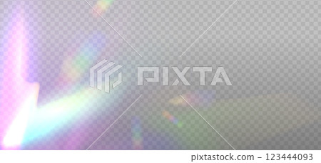 Rainbow dispersion highlights overlay template on a light background. Holographic Glare or reflection from water and glass. Glittering particles for social media backgrounds, photo shots. Vector eps10 123444093