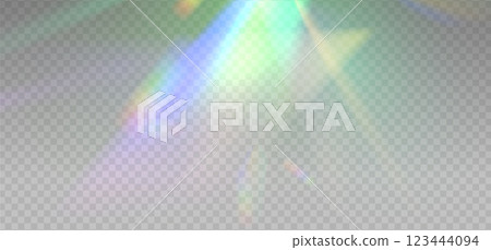 Iridescent crystal leak glare reflection effect. Optical rainbow ray lights, glare, leak, streak overlay. Vector colorful lenses and light flares with transparent effects on light background. 123444094