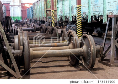 Train wheels on stands in a workshop show ongoing maintenance in is under restoration 123444500