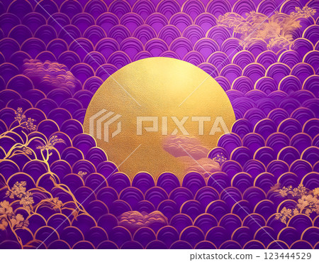 Image material of Japanese paper texture: Moon and pattern, gold and purple 123444529