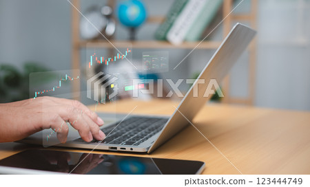Stock graphs and various indicators on the computer screen on a dark background, Financial stock market graph on the computer dashboard on dark background, Stock trading, Finance exchange, Investment. 123444749