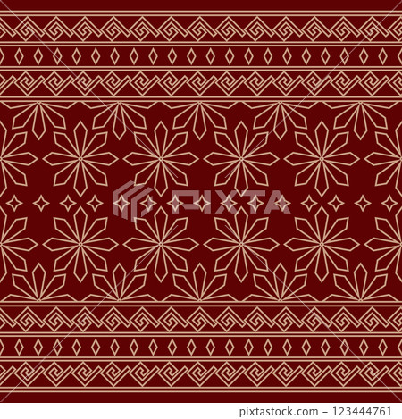Seamless gold ornament on a red background. The composition of colorful elements creates a seamless pattern. National ornament. Idea for textiles, textures, prints, wallpapers, clothes and interior, Seamless gold ornament on a red background. The composition of colorful elements creates a seamless pattern. National ornament. Idea for textiles, textures, prints, wallpapers, clothes and interior, 123444761